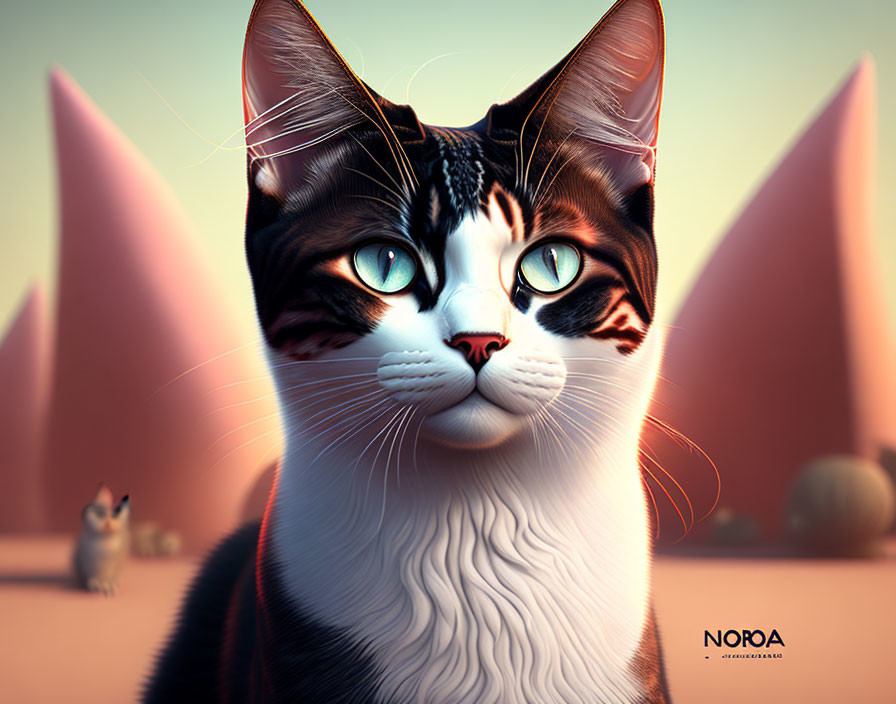 Detailed Stylized Digital Image: Large Cat with Exaggerated Features in Surreal Desert Landscape