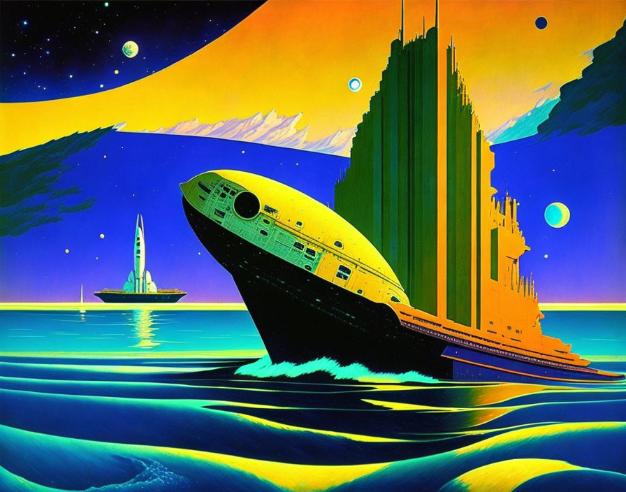 Colorful retro-futuristic spaceship art with alien structures and moons in starry sky