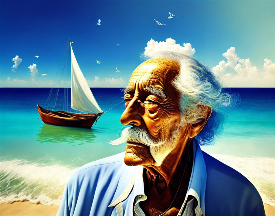 Elderly man with white hair gazing at serene ocean and sailboat