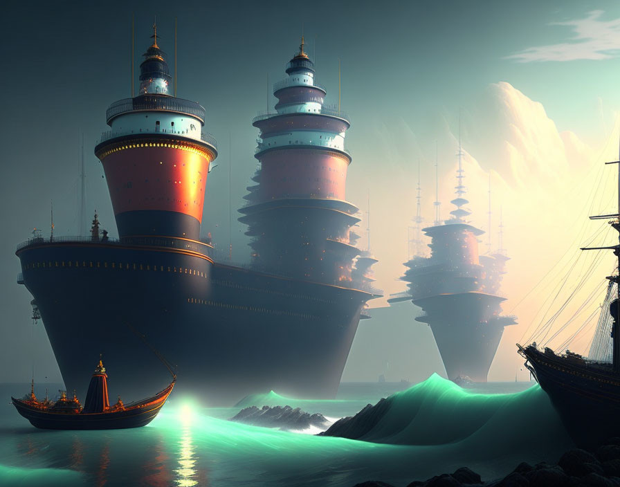 Colossal tower-like ships anchored near glowing sea with sailing ship under hazy sky