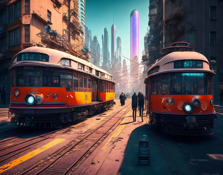 Vintage trams on parallel tracks in futuristic cityscape with pedestrians and neon-lit skyscrapers.