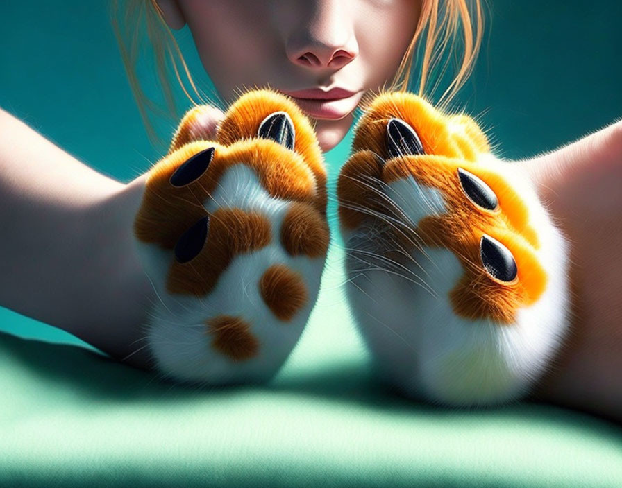 Curious person between plush paws on teal surface