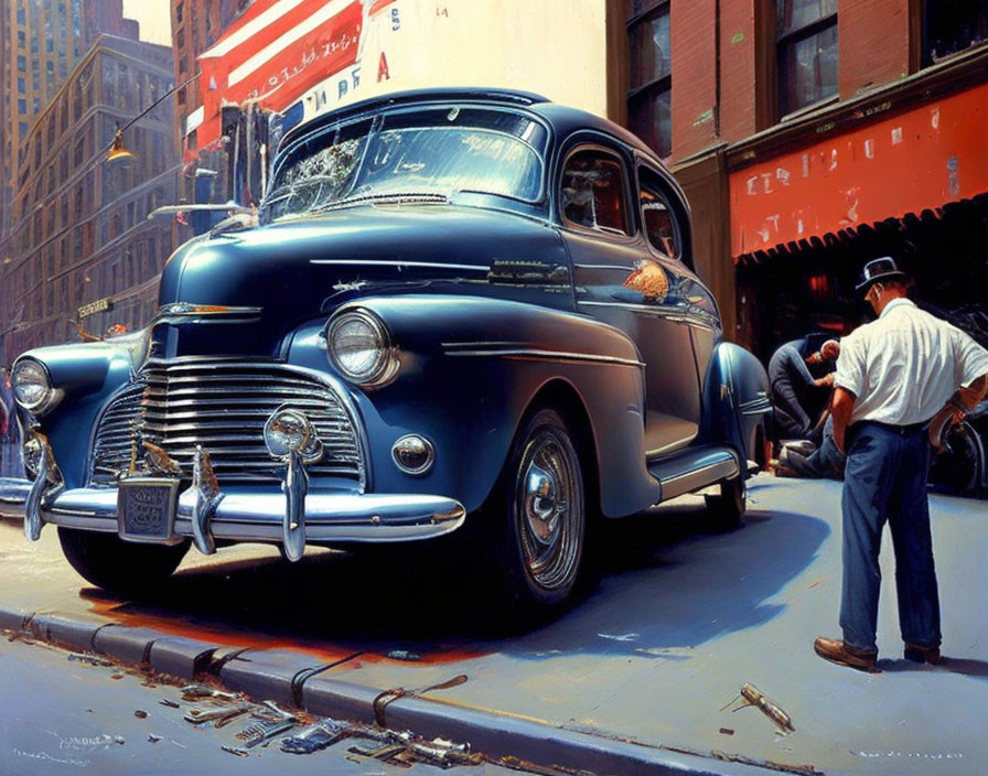 Classic blue car parked on city street with man inspecting or entering.