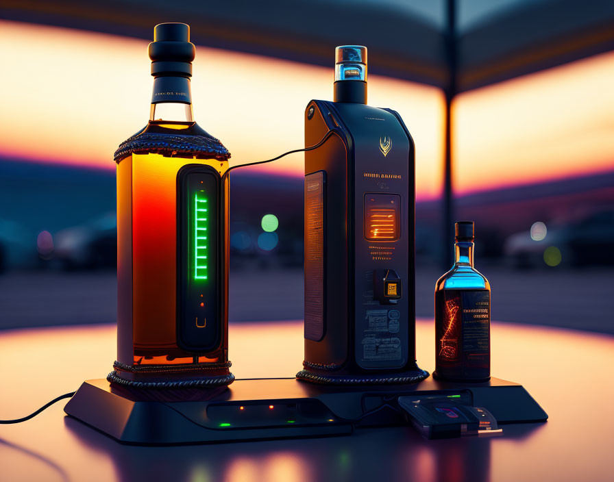 Stylized whiskey bottles shaped as fuel pumps at sunset