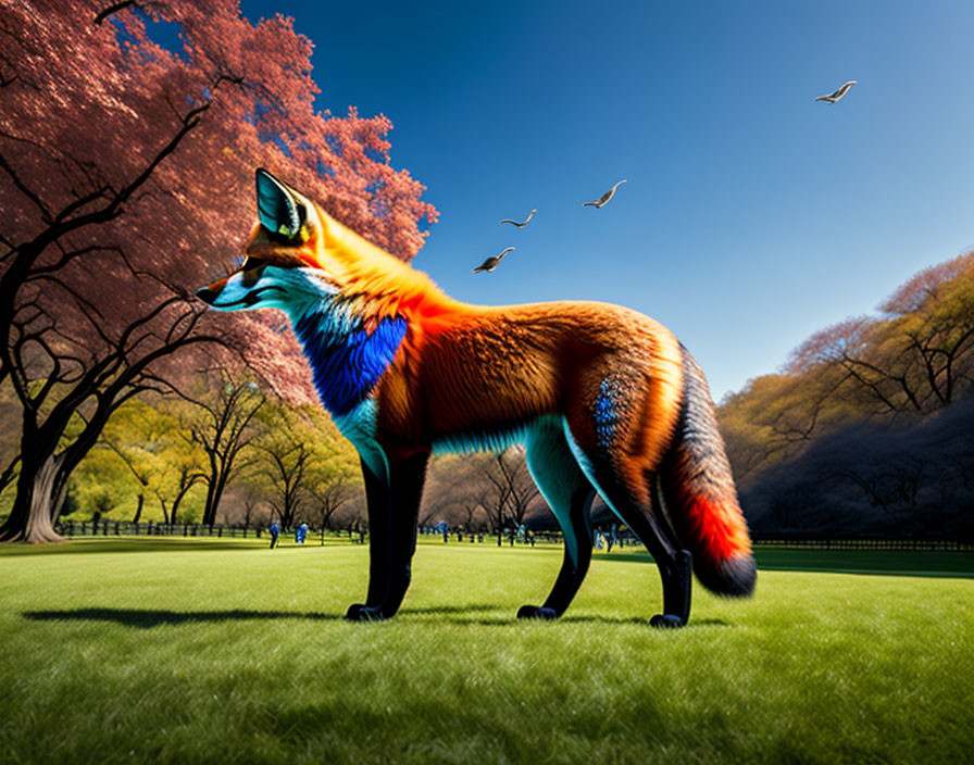 Colorful fox in park with pink trees and birds, people in background