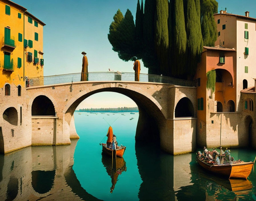 Tranquil waterway with boats, arch bridge, colorful buildings, green trees, blue sky