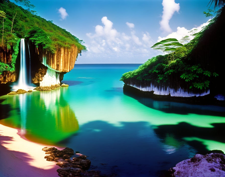 Tropical waterfall cascading into serene blue lagoon surrounded by lush vegetation and rugged cliffs