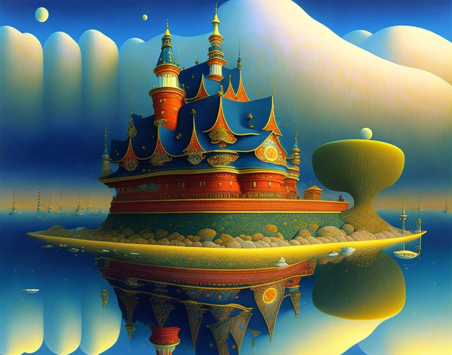 Floating palace with ornate spires in surreal sky.