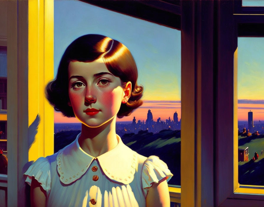 Young girl with short hair by window at sunset.