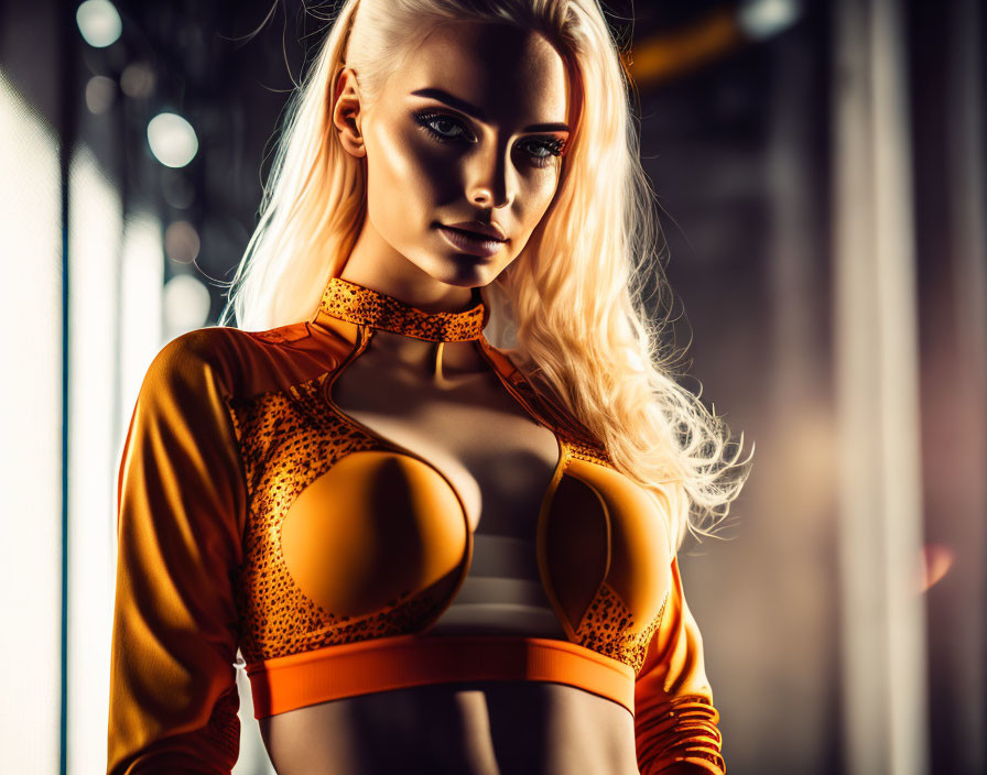 Blonde woman in futuristic orange bodysuit under dramatic studio lighting