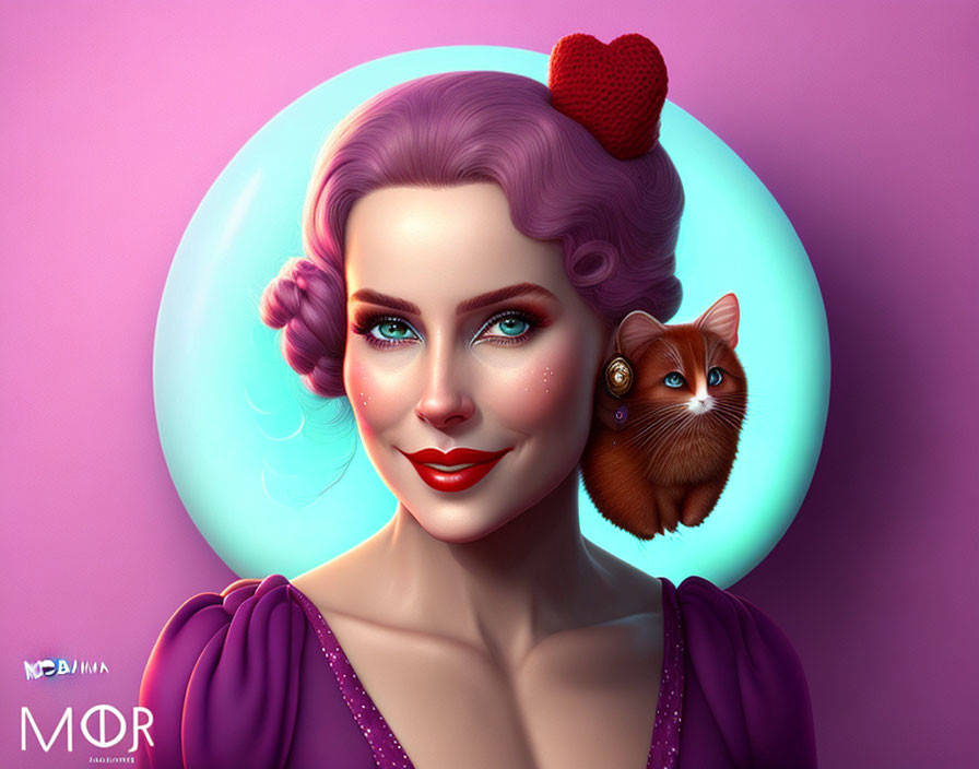 Stylized image of woman with purple hair and cat on shoulder against pink background