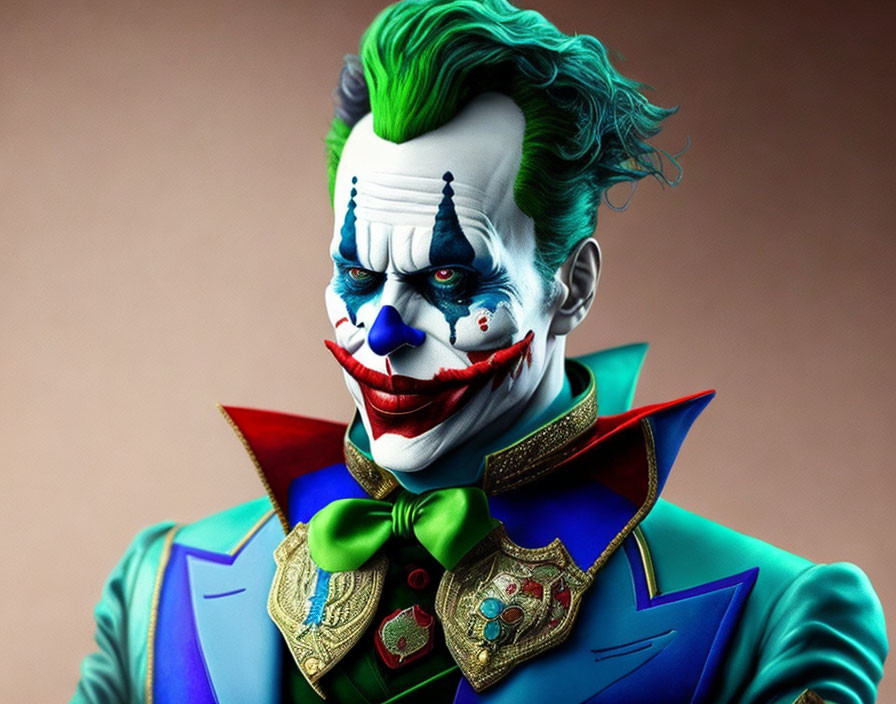 Colorful Joker makeup and costume with green hair and red smile