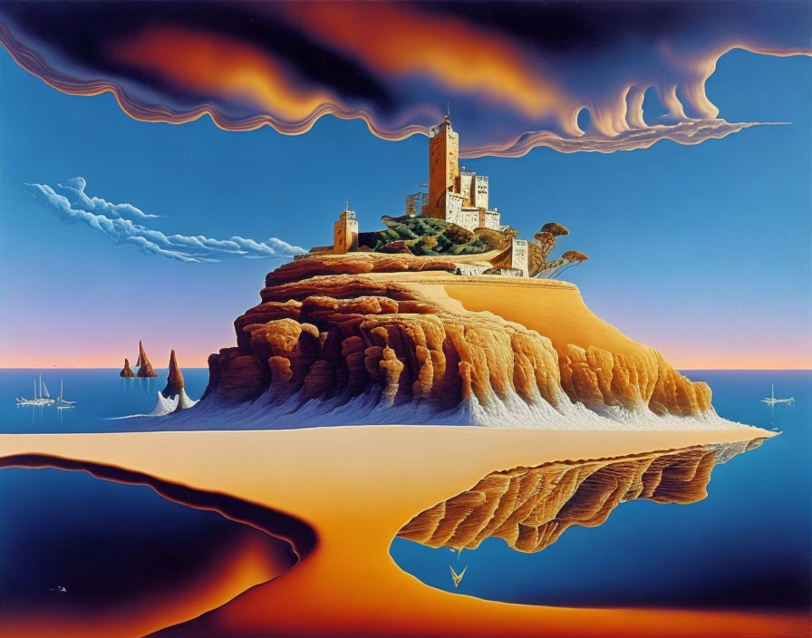 Surreal painting: castle on cliff, mirrored reflection, dramatic clouds, sailing boats