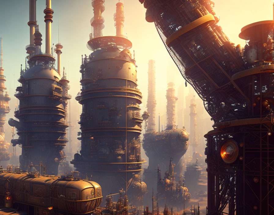 Futuristic cityscape with cylindrical towers in golden atmosphere