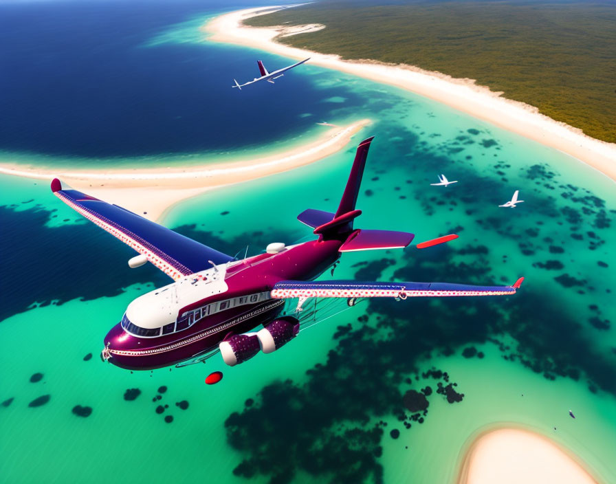 Pink and white airplane flying over tropical island with clear blue waters