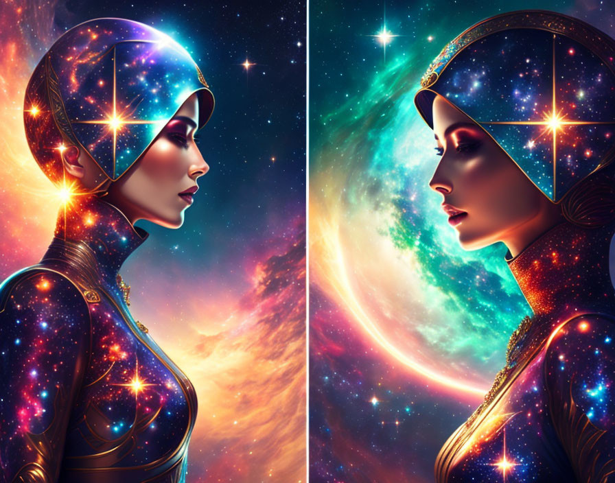 Digital art: Female figure with cosmic theme, vibrant galaxies and stars in silhouette against dark space.