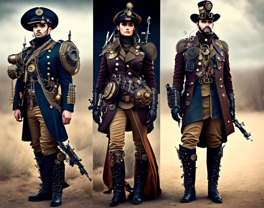 Elaborate Steampunk Attire on Three Individuals