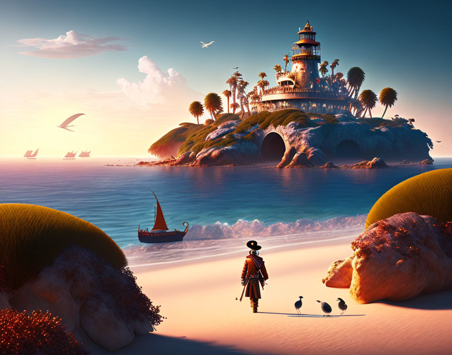 Majestic castle and lush scenery with character and penguins at sunset