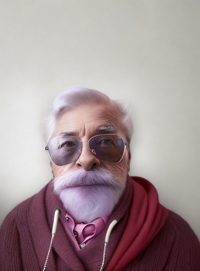 Stylish elderly man with purple hair, beard, and aviator sunglasses in maroon sweater and