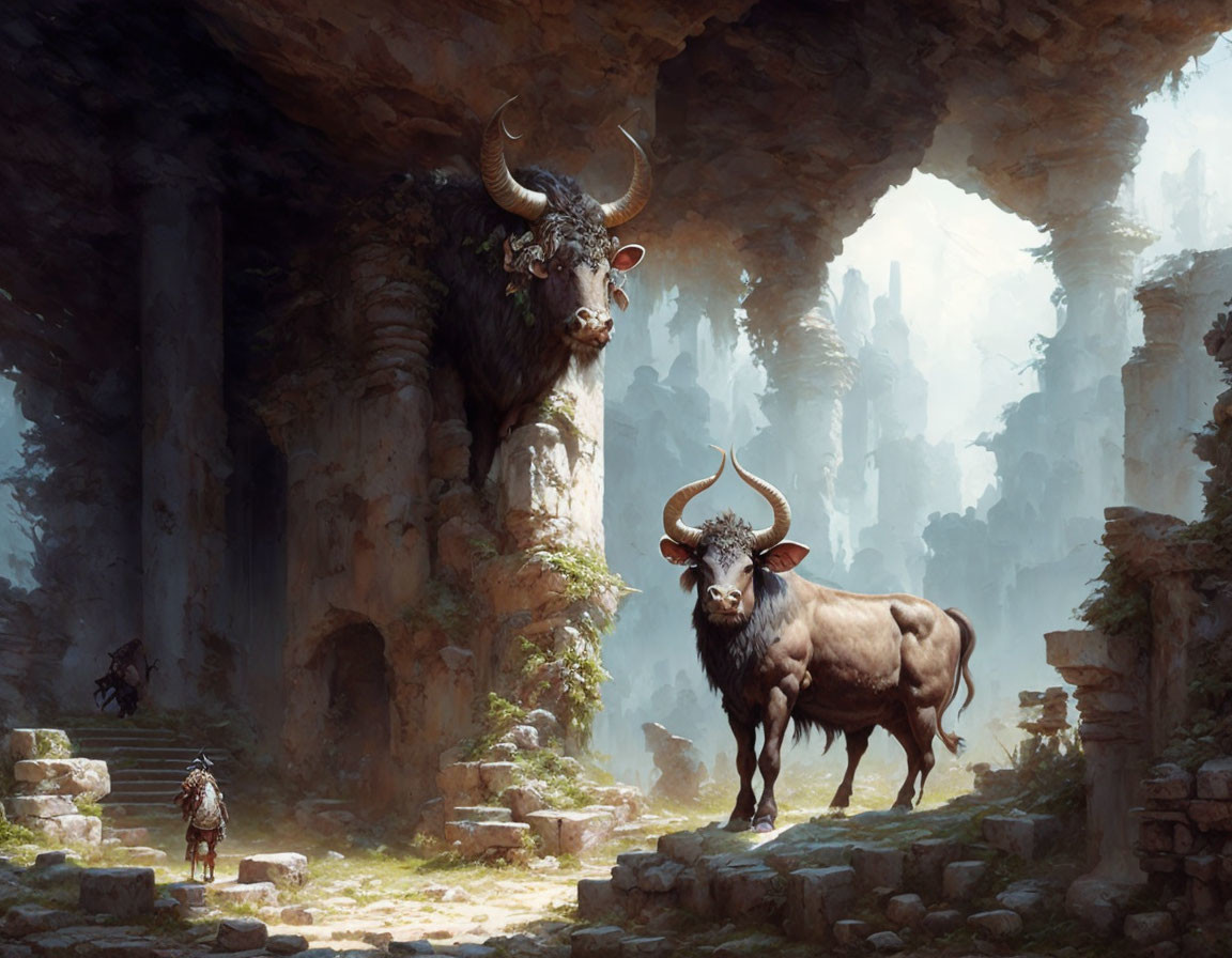 Mystical scene featuring giant bulls, tiny figure, ancient ruins, and ethereal light.