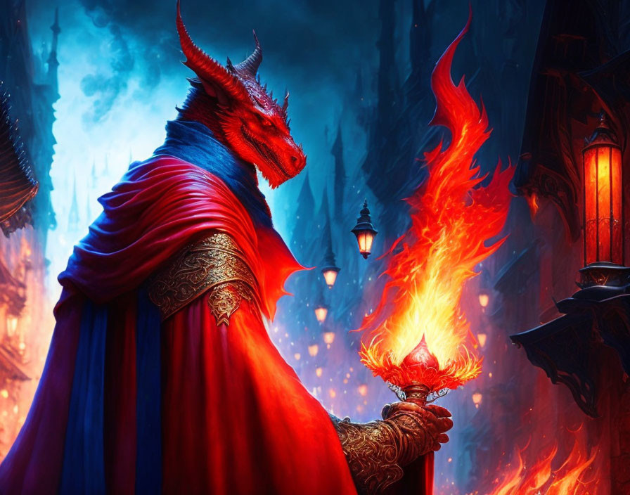 Red Dragon in Blue Cloak with Flaming Torch at Gothic Castle