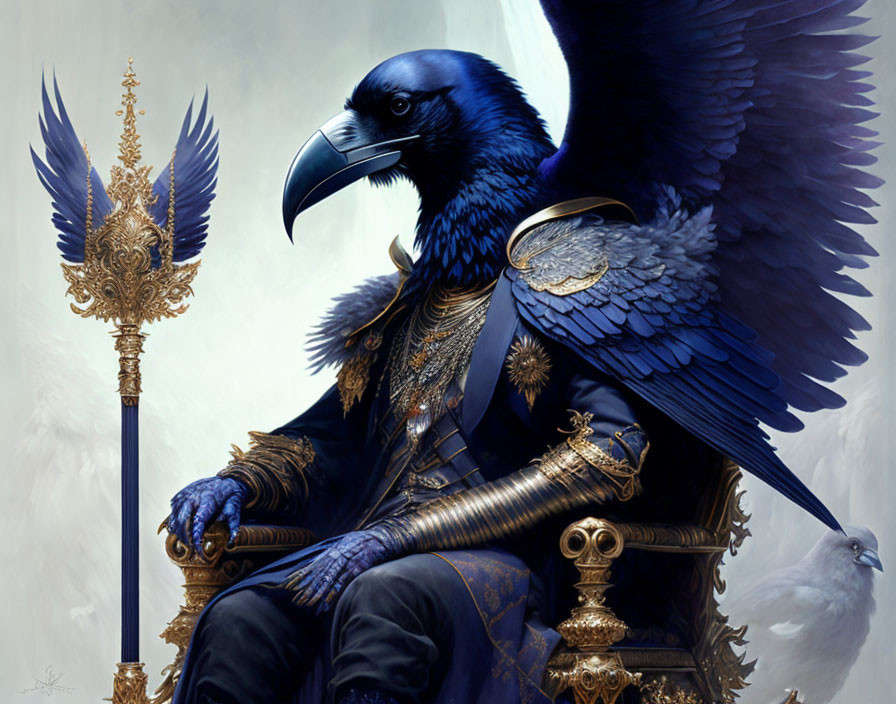 Regal anthropomorphic raven in navy blue attire on throne with white dove