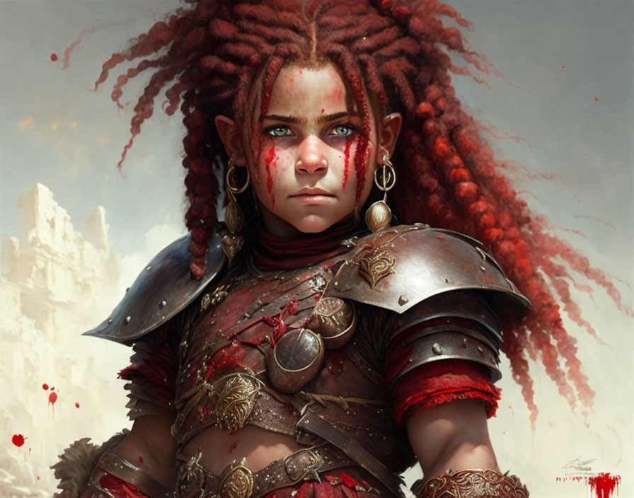 Young warrior digital artwork with red dreadlocks, blue eyes, tribal face paint, and detailed metal armor