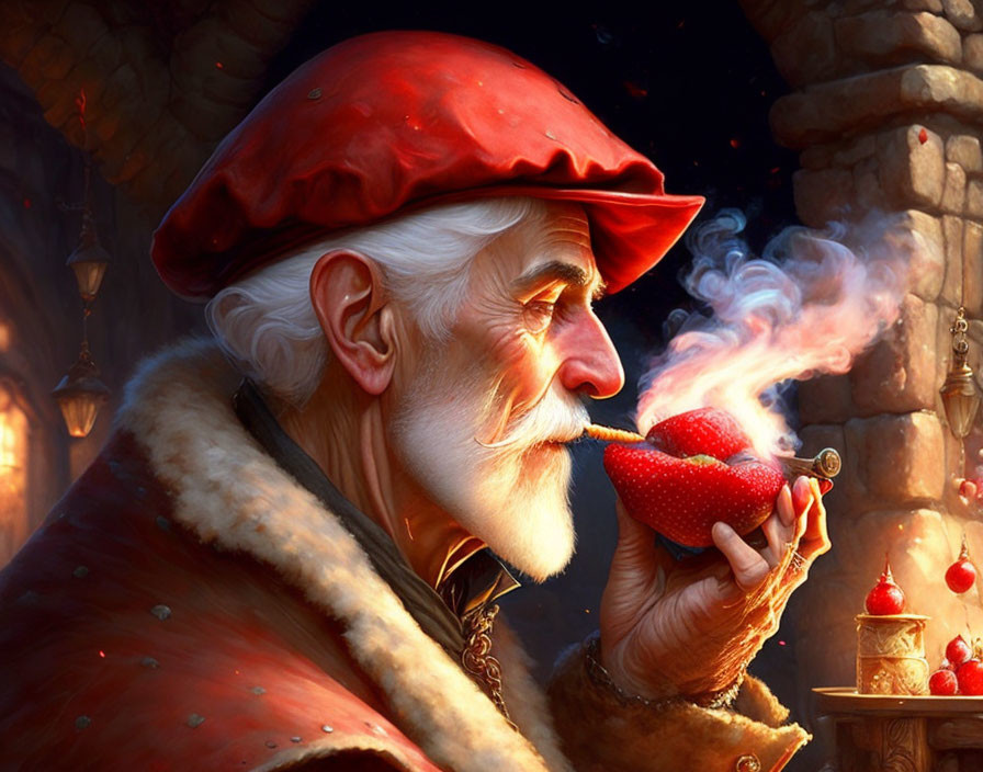 Elderly man in red cap and cloak smoking pipe in cozy room with candles