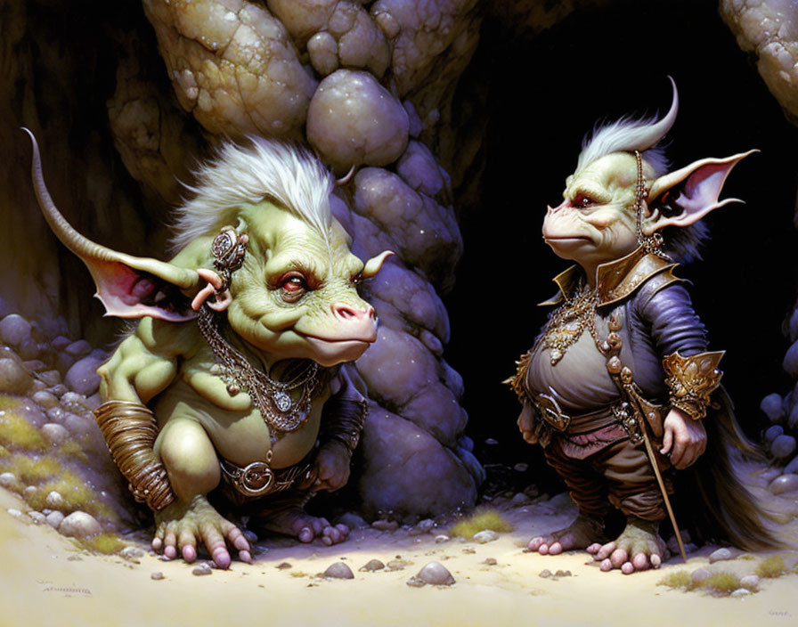 Fantastical humanoid goblins in cave with staff and sword, adorned in intricate attire