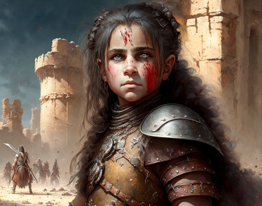 Braided hair warrior in battered armor on desolate battlefield