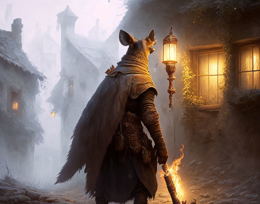 Anthropomorphic fox in medieval attire by foggy streetlamp