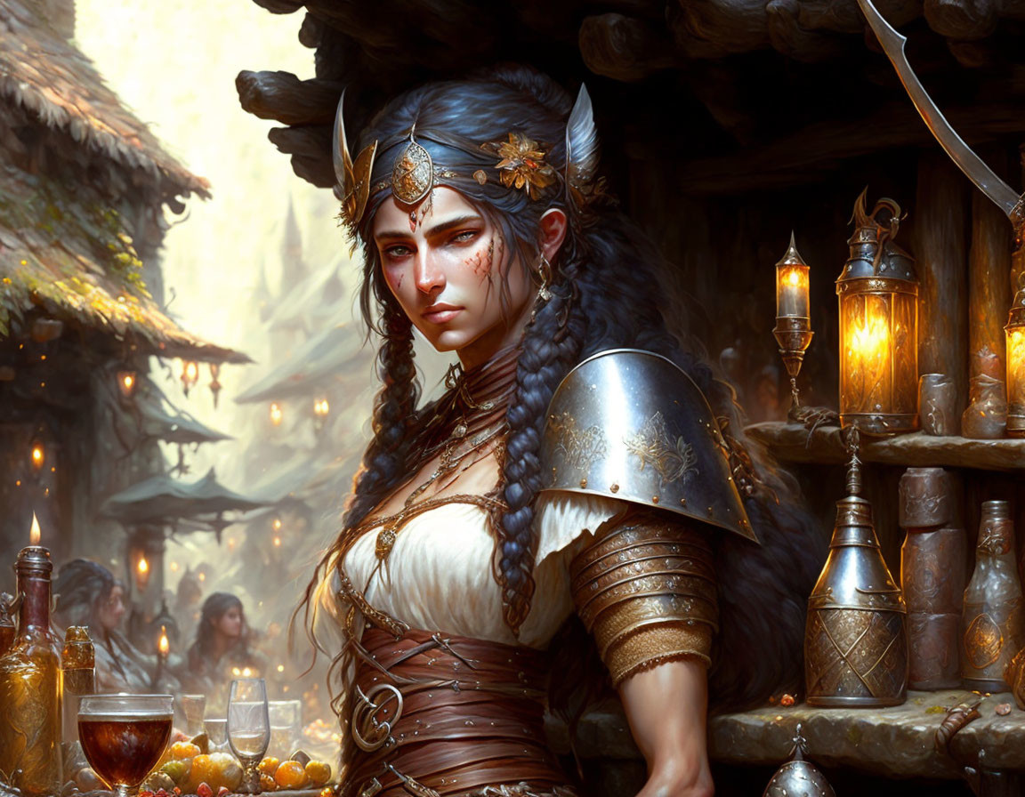 Warrior woman with helmet and armor in rustic tavern scene