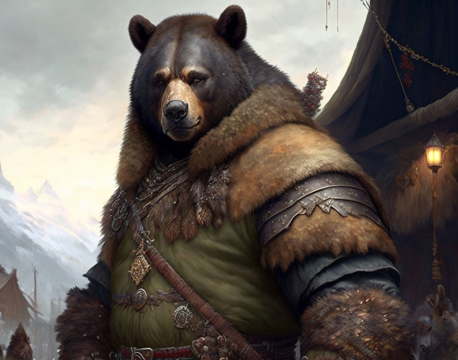 Anthropomorphic bear in medieval armor with weapons in rustic village setting