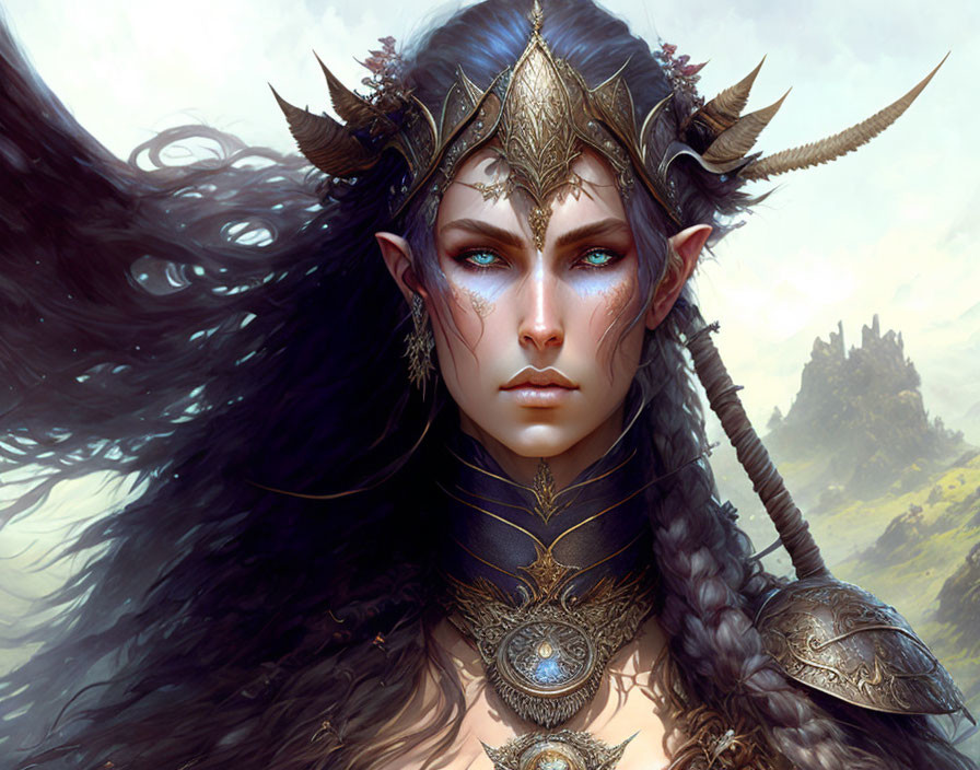 Fantasy female character with ornate armor and crown in digital artwork