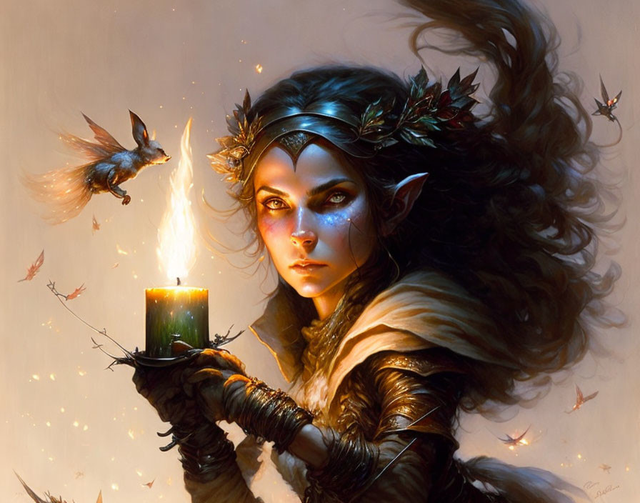 Ethereal elf with leaf tiara and glowing candle beside small dragon amidst floating leaves