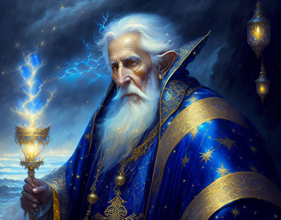 Elderly wizard in starry blue robe with electric staff & storm clouds