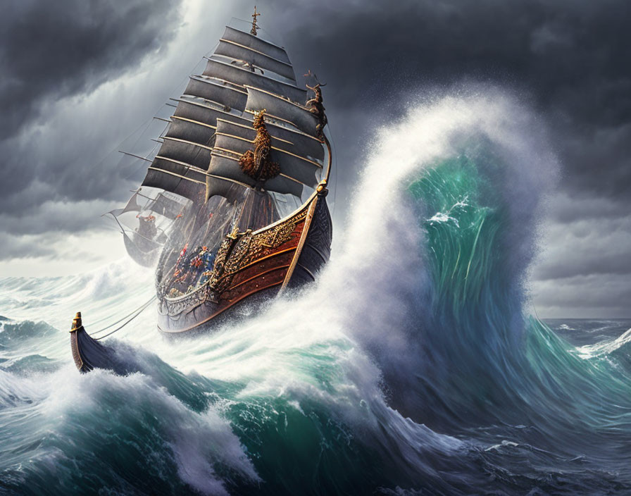 Sailing ship in stormy sea with billowed sails and giant wave