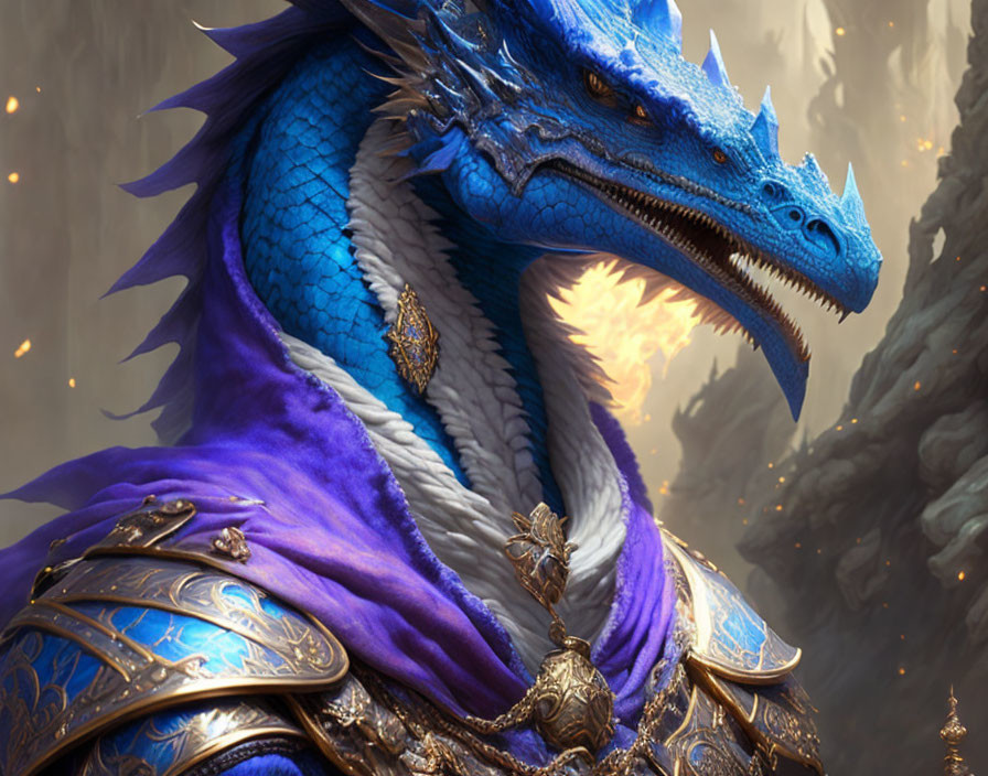 Blue dragon in golden armor and purple cape symbolizes power and nobility