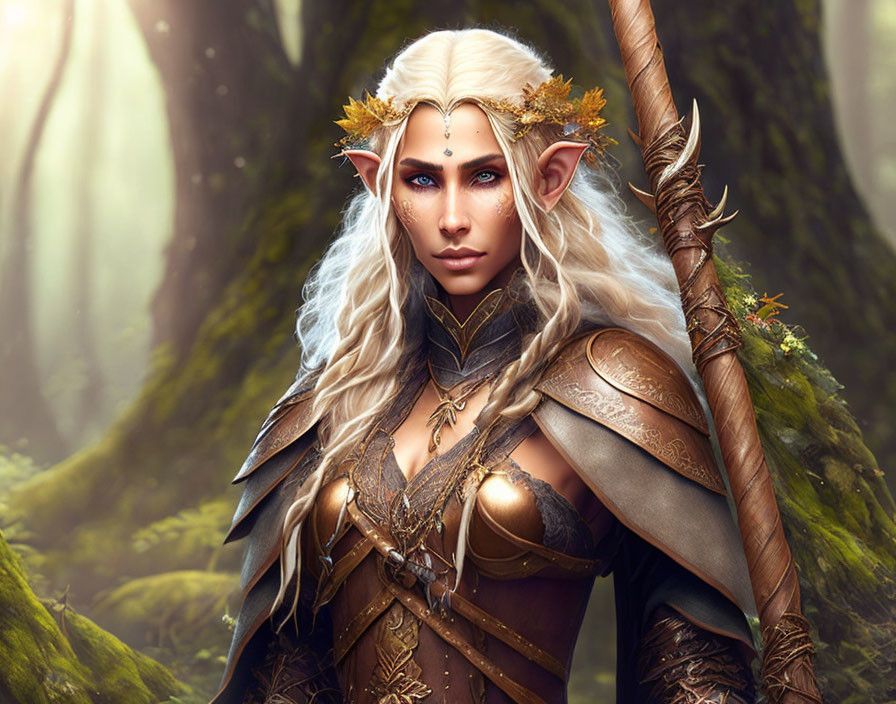 White-Haired Elven Warrior in Golden Crown and Armor in Mystic Forest