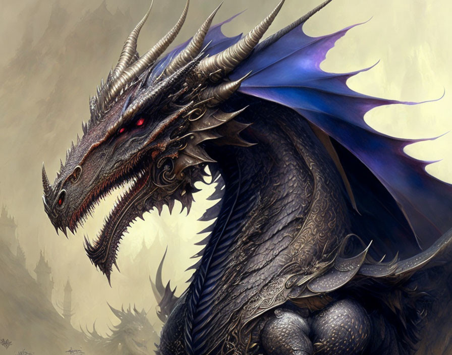 Detailed Illustration of Majestic Dragon with Blue and Purple Accents