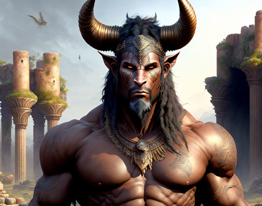 Muscular fantasy character with bull-like horns in decorative armor near ancient ruins.