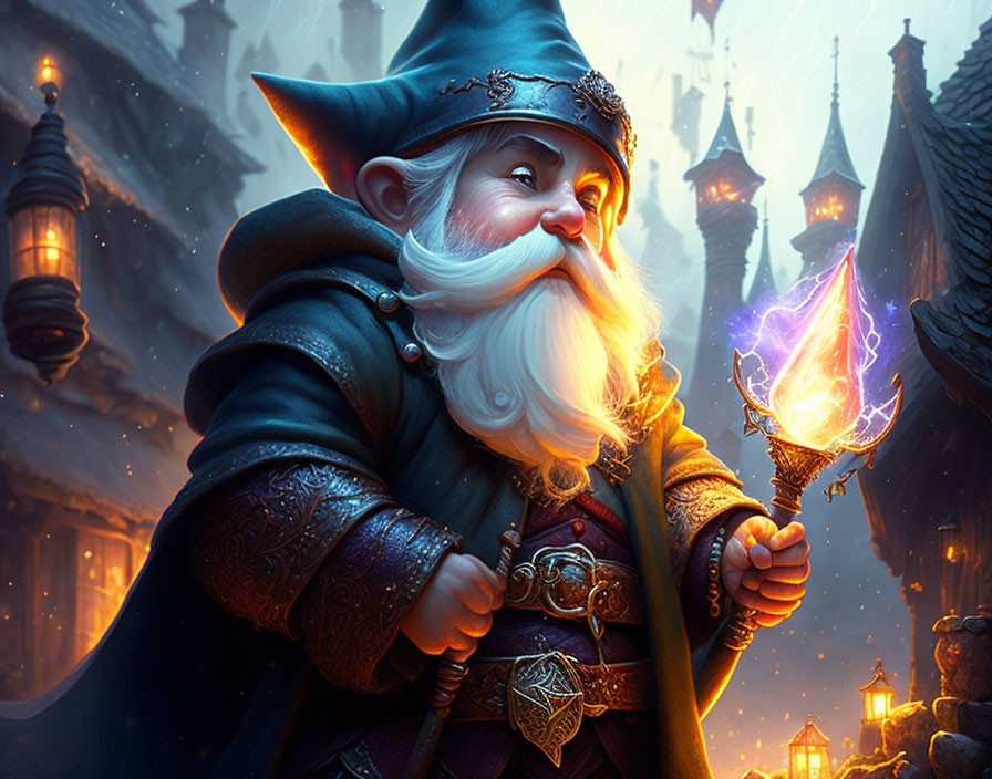 Bearded gnome wizard with glowing staff in medieval town