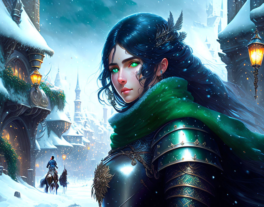 Warrior woman digital artwork: black hair, green eyes, armor, snowy town, mounted knight