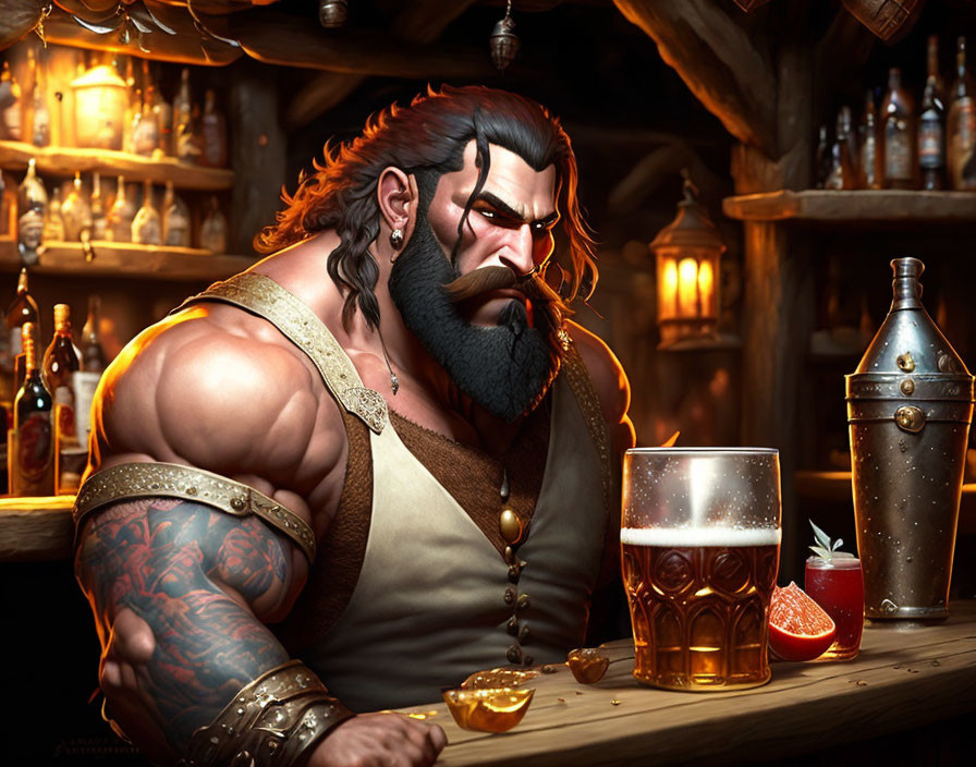 Bearded man with tattoos at bar with beer, cocktail, and coins