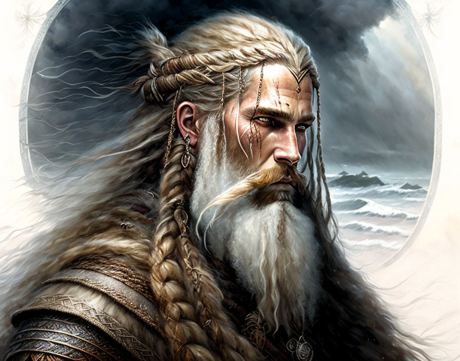 Bearded man with braided hair in intricate armor against stormy sea backdrop