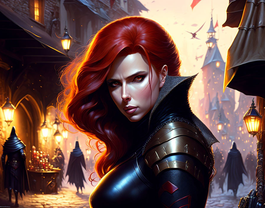 Red-Haired Female Warrior in Armor in Medieval Fantasy Marketplace