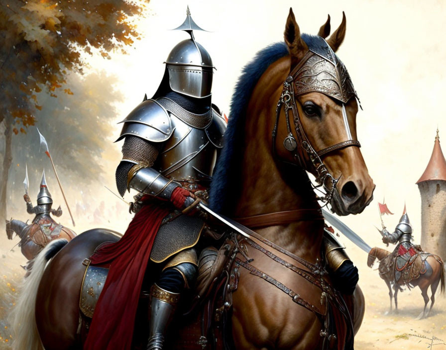 Medieval knight on horseback with sword, castle and more knights