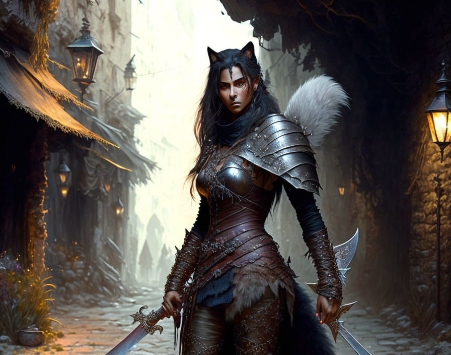 Fantasy warrior with cat-like features in leather armor and dual blades in dark alleyway