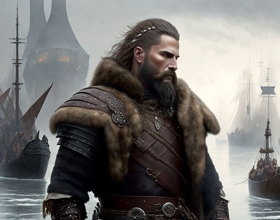 Bearded Viking man in long hair and attire by misty harbor