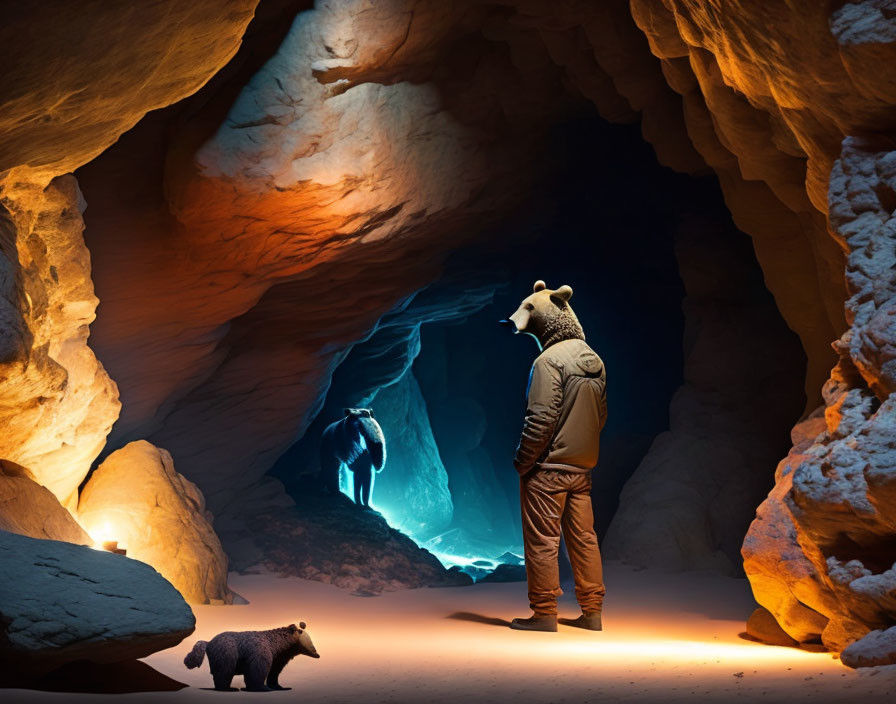 Bear head mask person meets smaller figure with blue glow in cave